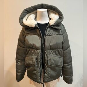 Olive Green Puffer Jacket with Hood